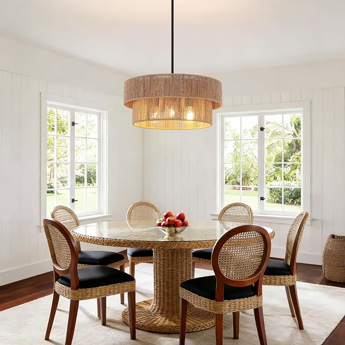 ZGKUYDBrown Boho Woven Rattan Chandelier, Adjustable Black Rod 2-Tier Drum Hanging Light, Brown Pendant Light for Dining Room/Kitchen Island