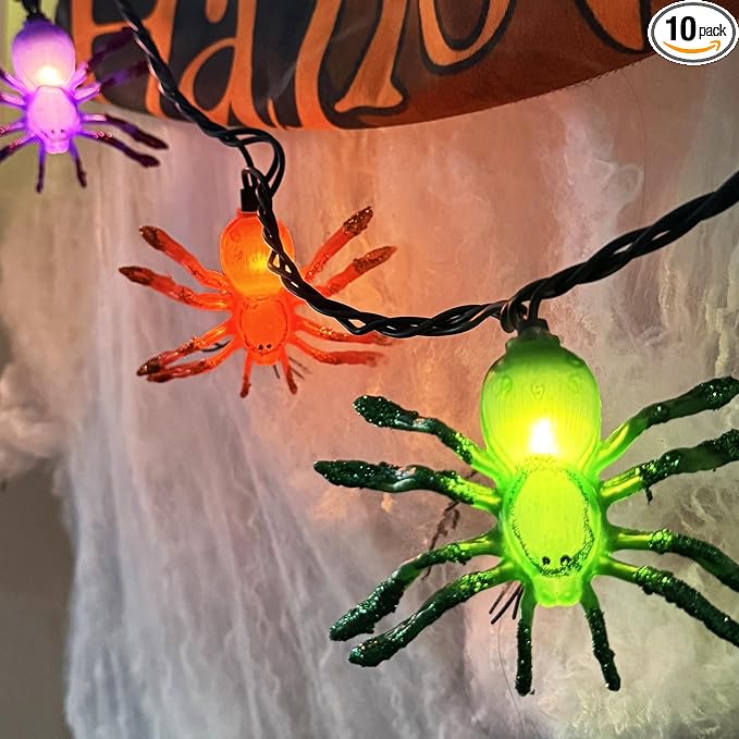 Halloween Spider String Lights Outdoor, 8.5Ft Halloween Decorations Lights with 10 LED Orange Green Purple Spider Lights, Hanging Multicolor Spider Light for Indoor Window Patio Curtain Holiday Decor