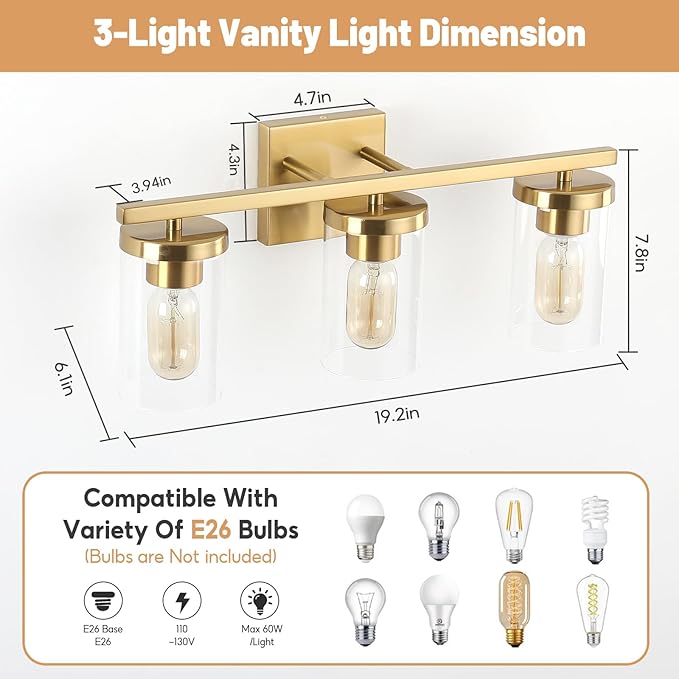 20in Bathroom Light Fixture Over Mirror, 3-Light Gold Vanity Lights with Clear Glass Shades, Modern Wall Sconces for Living Room, Bedroom, Hallway, E26 Base