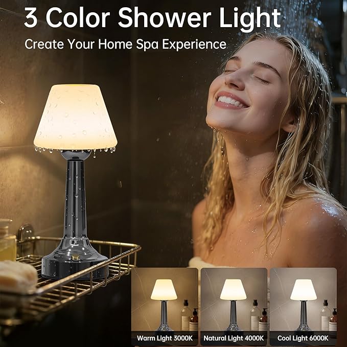 TRRMEZY Shower Lamp Waterproof Bathroom Lamp for Inside Shower Bathtub, 18-Hour Rechargeable Cordless Shower Light, 3-Color Temps Touch Dimmable Light, Small Relaxing Spa Night Lamp for Bathroom