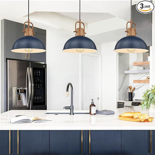 Emliviar 3 Pack Dome Chandeliers, Vintage Blue Pendant Lights with Wood Grain Part, GE269MIL-3 BL+WD