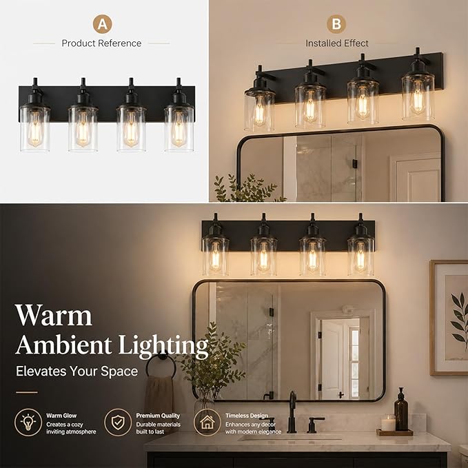 Lanhall 4-Light Black Bathroom Light Fixture Over Mirror Modern Farmhouse Bathroom Vanity Light Vintage Wall Lighting with Clear Glass Shade for Bathroom, Bedroom, Hallway, Cabinet