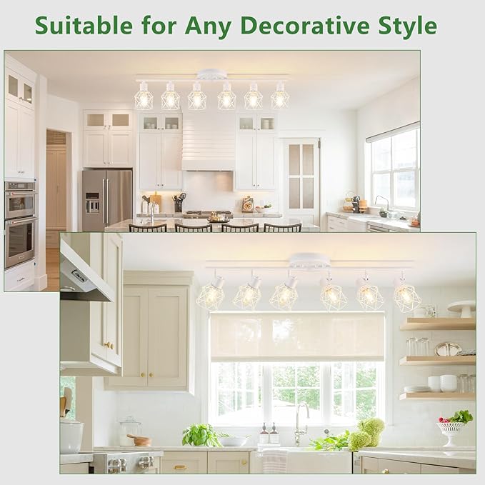 6-Lights White Semi Flush Mount Ceiling Light with Geometric Metal Cage, Modern Kitchen Track Lighting Fixtures Ceiling, Rotatable Close to Ceiling lamp for Entryway, Living Room, Hallway