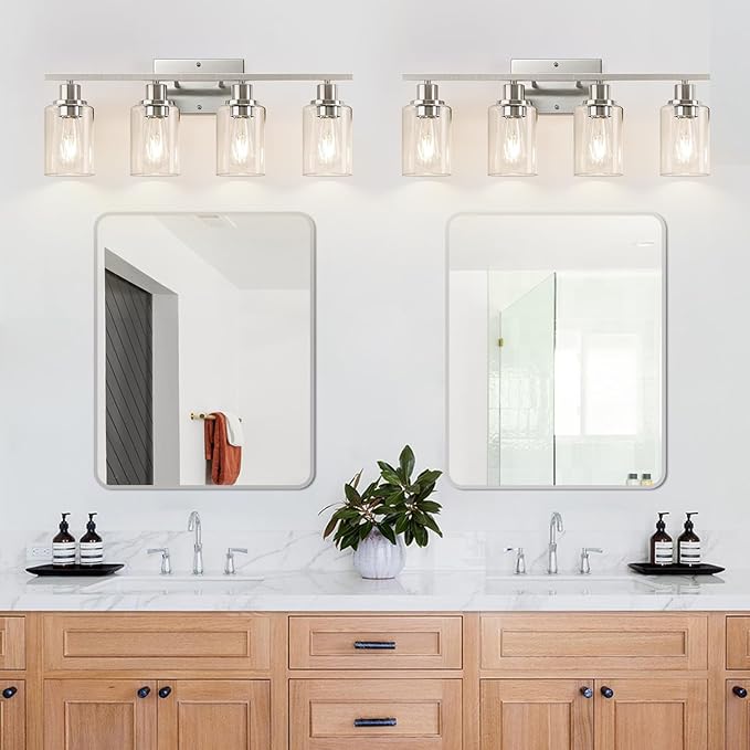 Indoi 4-Light Bathroom Light Fixtures, Brushed Nickel Vanity Lights with Clear Glass Shades, Modern Bathroom Wall Lamp for Mirror Living Room Cabinet Bedroom Porch