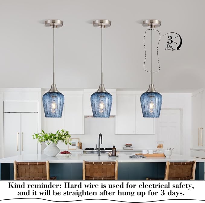 Viinew Mini Glass Pendant Light,5.4" Tulip Flower Shape Dark Blue Glass Hanging Light,1-Pack Handblown Clear Blue Seeded Shade Adjustable Cord Ceiling Light Fixture for Kitchen Island Sink
