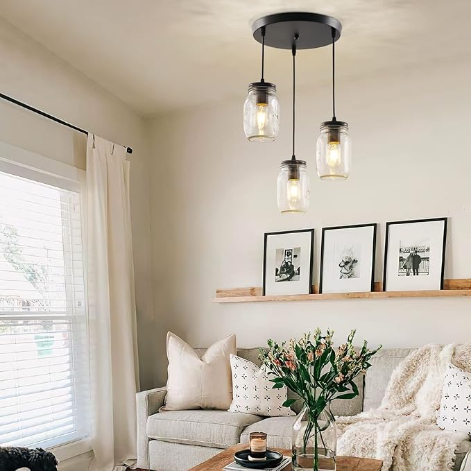 Mason Jar Light Fixtures, 3 Lights Farmhouse Mason Jar Pendant Light, Glass Jar Chandelier Country Adjustable Hanging Ceiling Lighting for Kitchen Dining Room Hallway