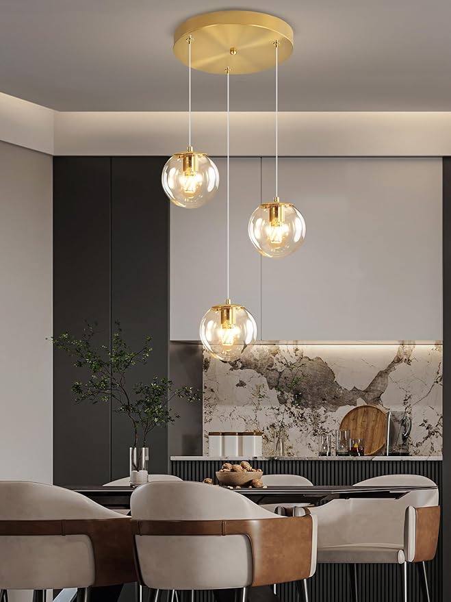ykolupty 3-Light Modern Gold Pendant Light Hanging Fixture Light for Kitchen Island Mid Century Globe Pendant Light Glass Chandelier for Living Room Bedroom Entryway