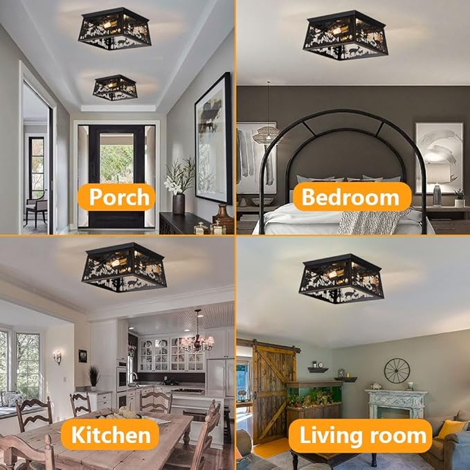 Black Semi Flush Mount Ceiling Light Fixture, Rustic Cabin Deer Ceiling Light Fixture, Metal Country Farmhouse Ceiling Lamp for Hallway Porch Bedroom Foyer Entryway, E26 Bulbs.12.5 Inches