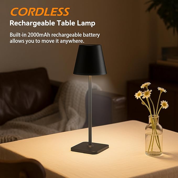 4-Pack Rechargeable Cordless Table Lamps, Battery-Operated Wireless Minimalist Table Lamp, 3 Colors Stepless Dimming LED Adjustable Height Table Lamp for Dining/Bedside/Camping (4, Black)