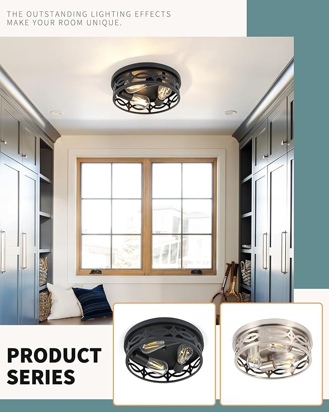 Black Flush Mount Ceiling Light Fixtures,3-Light Modern Hallway Light Fixtures, 13 inch Light Fixture Ceiling Mount for Kitchen, Farmhouse,Bedroom 2 Pack
