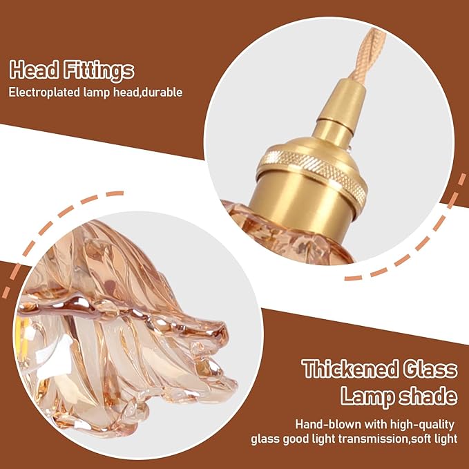 Plug in Pendant Light Fixtures,Hanging Light Fixture Amber Glass Pendant Light 10.6in E26 Pendant Lighting for Kitchen Island, Bedroom, Dining Room, Living Room 2pack
