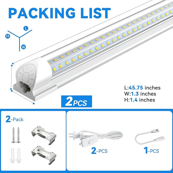 CNSUNWAY Led Shop Lights 4FT, D Shape LED Light 50W 7500LM 6500K Daylight White, Garage Light, Linkable Clear Cover T8 Integrated for Garage Workshop Workbench, ETL Listed(2-Pack)