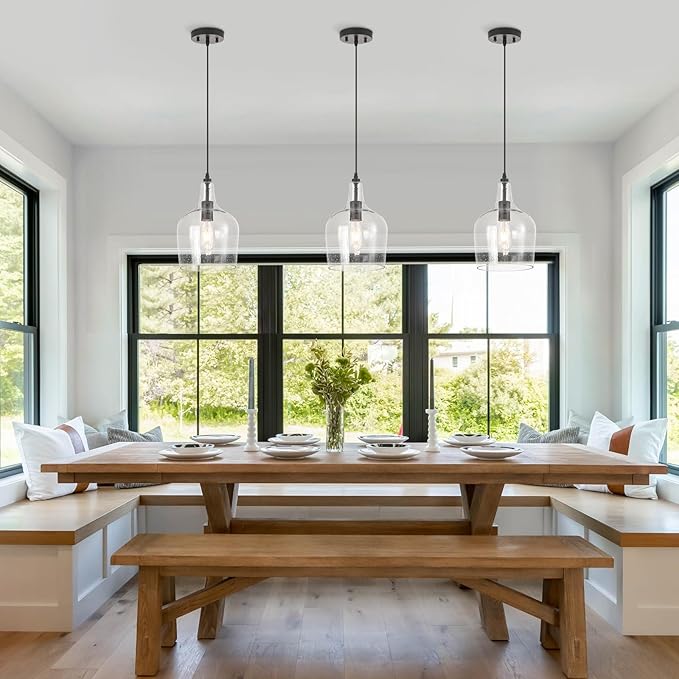 Seeded Glass Pendant Light Modern Black 1 Light Single Dome Pendent Lighting Fixtures for Kitchen Island Dining Room Hallway, Dia 9 Inch, E26, UL Listed