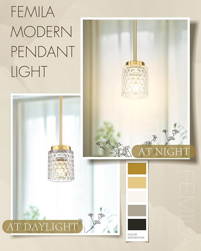 FEMILA Gold Pendant Light, 4" Pendant Light Fixtures, Kitchen Island Lighting, Hammered Glass, E26 Base, 4FY86MIL BG