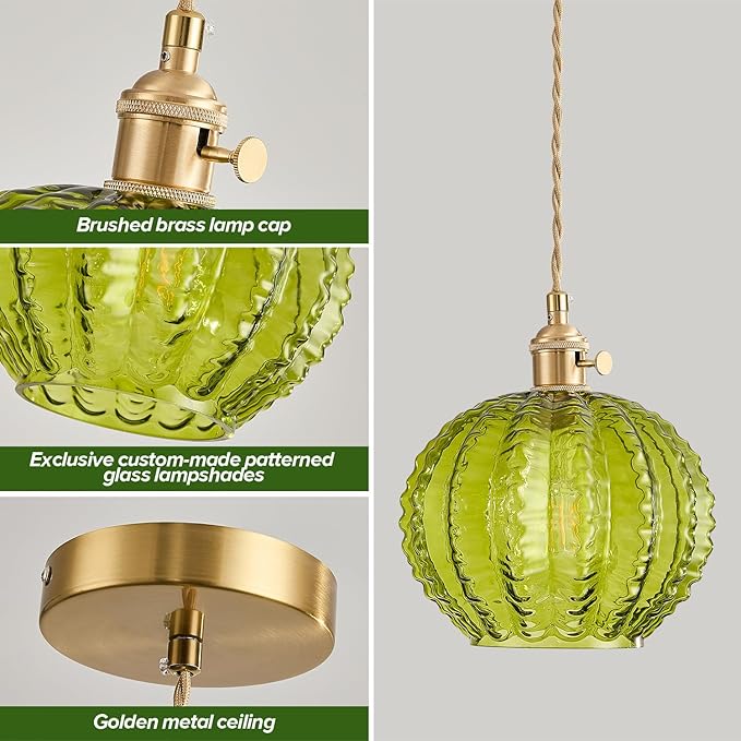 Green Glass Pendant Light Vintage Large Gold Globe Fixtures Mid Century Modern Pendant Lights Hanging Light Fixture Suitable for Kitchen Island Dining Room Foyer Above Sink Bathroom Bedroom
