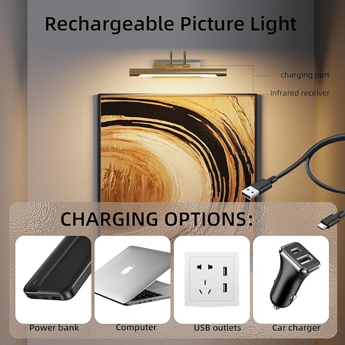 Picture Light,Wireless Rechargeable Gallery Light with Remote,5000mAh Dimmable Painting Rechargeable Picture Lights for Wall,12 inch Metal Picture Lights for Art,Paintings,Mirror,Gold