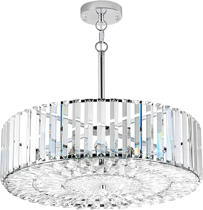 VONLUCE Cystal Ceiling Light Fixture, 6-Light Semi Flush Ceiling Light with Crystal Prisms, 21 in. Chandelier for Dining Room Bedroom Entryway, Kitchen, Nickel Metal Canopy, ETL Certificated