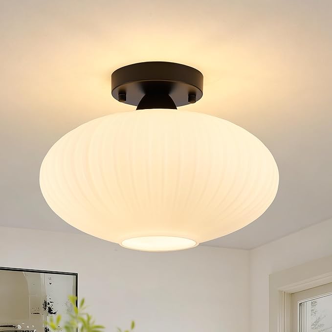 Mid Century Modern Semi Flush Mount Ceiling Light, 12" Black Ribbed Milk Glass Globe Fixture for Hallway, Kitchen, Entryway, Bedroom