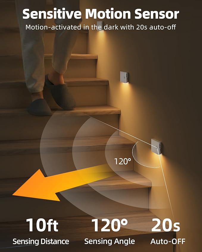 EZVALO Motion Sensor Stair Lights Indoor, Rechargeable Night Lights with Magnetic & Dimmable, Auto On/Off 3000K Soft White, Stick-On for Stairs, Hallway, Bathroom (8 Pack)