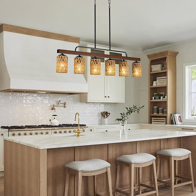 Farmhouse Dining Room Light Fixtures, 43" Rattan 6-Light Wood Kitchen Island Lights Fixture Boho Linear Chandelier Black Hanging Pendant Lighting Over Table