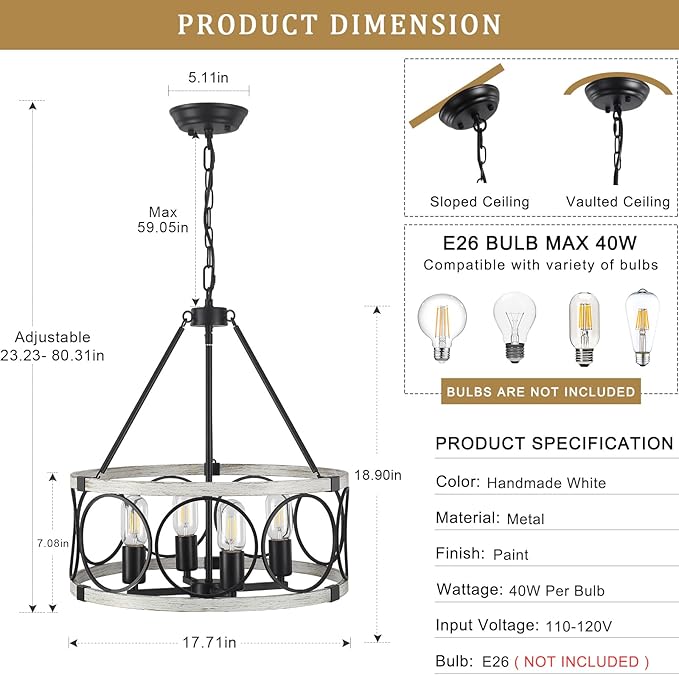 Farmhouse Chandelier 4 Light Rustic White Drum Chandeliers for Dining Room Light Fixtures Over Table Vintage Round Pendant Lights Kitchen Island Lighting for Entryway Foyer Bedroom Hallway Living Room