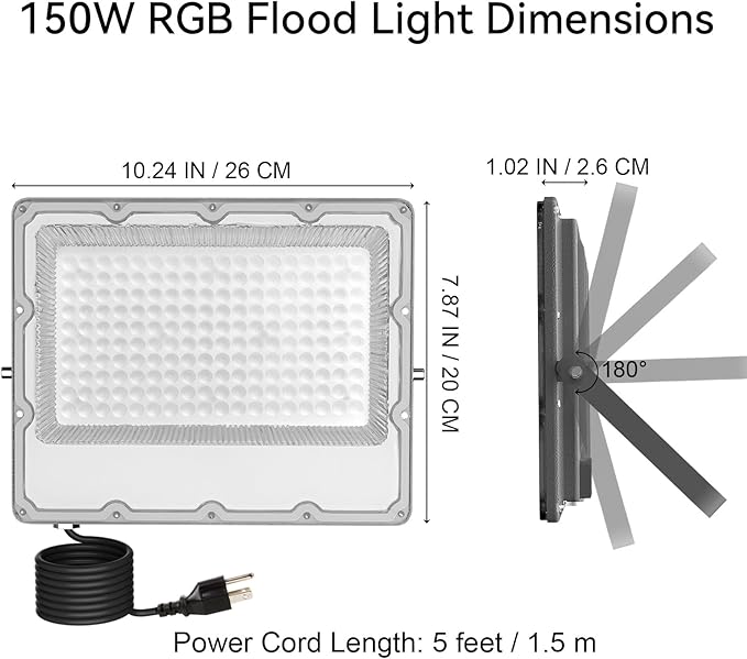 RGB LED Flood Lights Outdoor, 150W (1400W Equivalent) Color Changing Smart Lights, 15000LM, Bluetooth App & 2.4G Remote Control, IP66 Waterproof, Music Sync, Timer, 16 Million Colors(2-Pack)