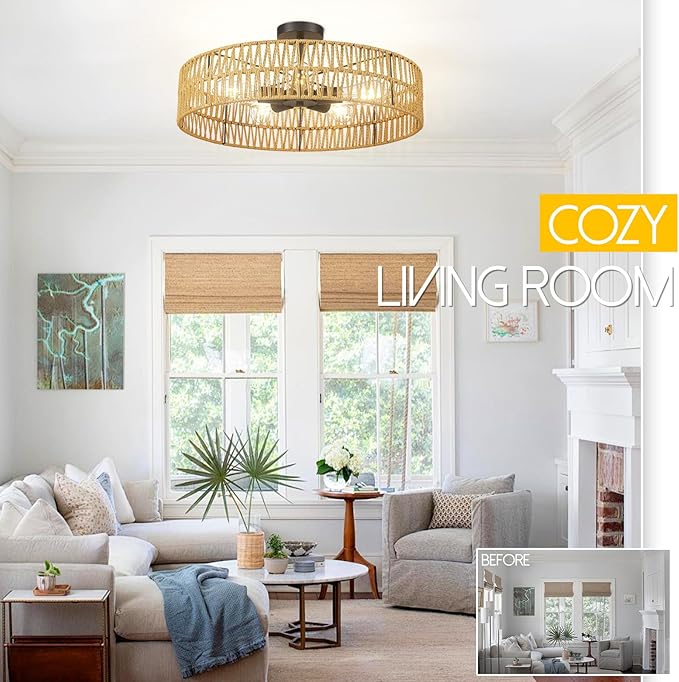 Hamilyeah 24 inch Rattan Boho Flush Mount Ceiling Light Fixture with 5 Light,Woven Light Fixtures Ceiling Mount for Living Room, Bedroom, Kitchen