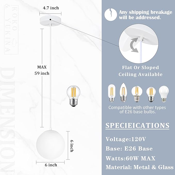 KoKo&Yukina 6 Inch Globe Pendant Light White Globe Pendant Lights Kitchen Island Mid Century Light Fixture with Milky White Glass Shade for Dining Room Living Room