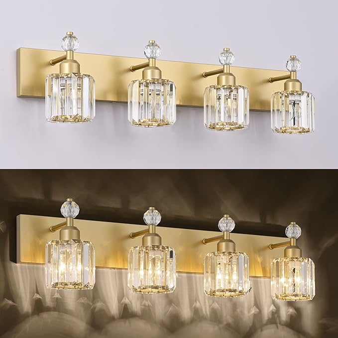PRESDE Crystal 4 Bathroom Vanity Light Modern Gold Vanity Light Fixture Wall Lamp for Over Mirror Bedroom Hallway