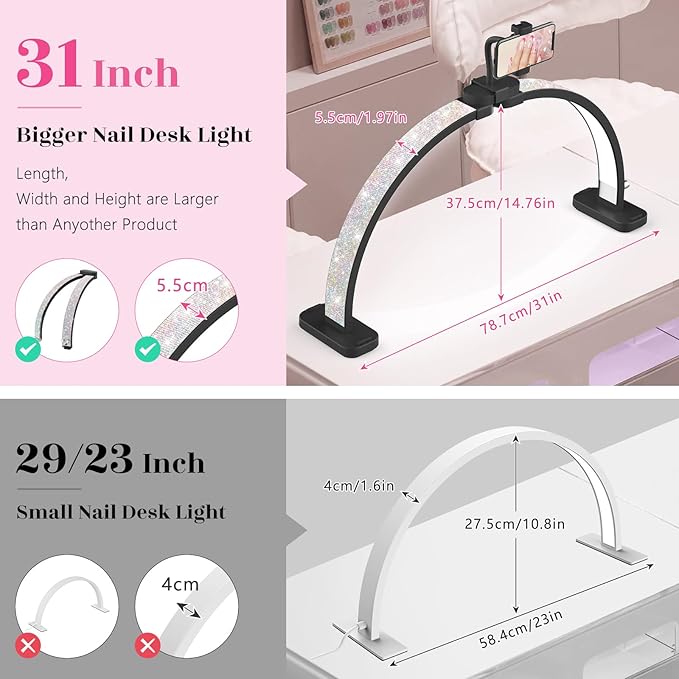Half Moon Manicure Table Light: 31-inch Half Moon Light For Nail Desk With Phone Holder - AB Crystal Nail Tech Lamp For Beginner DIY - 48W Professional Nails Bright Desk Lamp for Salon,Lash,Tattoo