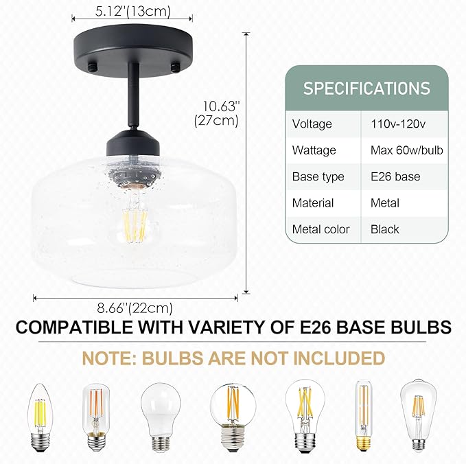 TeHenoo Sloped Ceiling Light with Clear Seeded Glass Shade, Adjustable for Kitchen,Hallway,Living Room