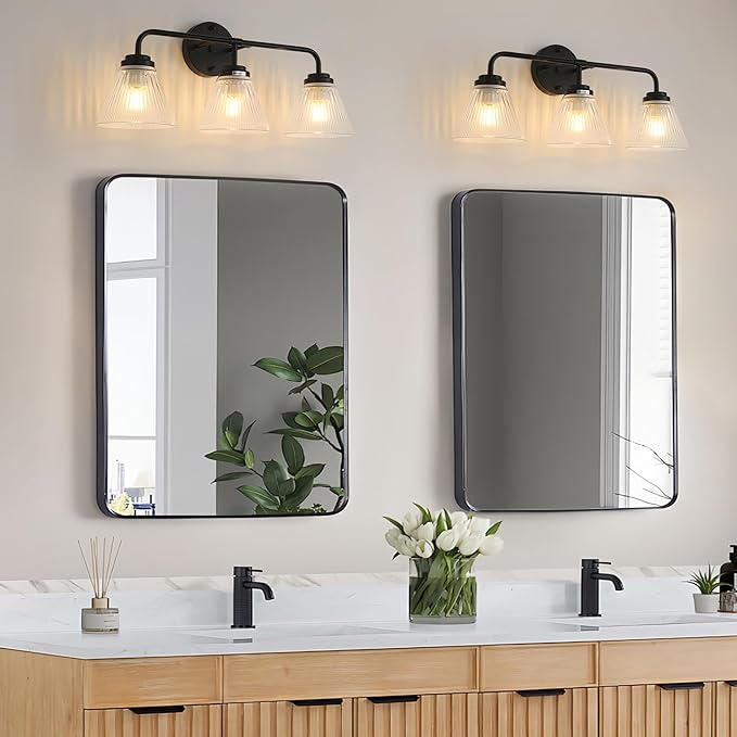 Modern Black Bathroom Vanity Light, 3-Light Wall Sconce with Clear Ribbed Glass Shades, Farmhouse Industrial Light Fixture for Bathroom, Vanity Mirror, Powder Room, Hallway (black, Powder Coated, 3)