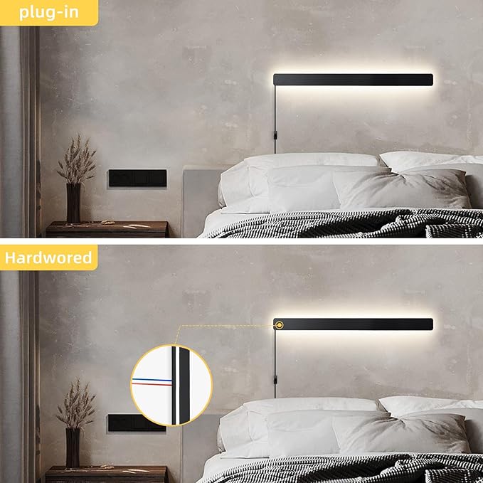 KELUOLY Modern Plug in Wall Sconces, 23.6 inch Frosted Black LED Long Wall Lights, 12W Warm White 3000K Acrylic Indoor Wall lamp,with 59" Plug Cable for Bedroom, Living Room, Bathroom Makeup, Hallway