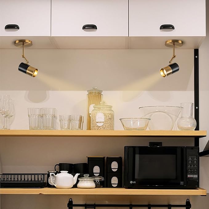 Modern Ceiling Spotlight, Gu10 Spot Lights Indoor with 350° Pivoting, 2-Packs Adjustable Directional Spotlight Indoor, Black and Gold Ceiling/Wall Light for Gallery, Cabinet, Hallway