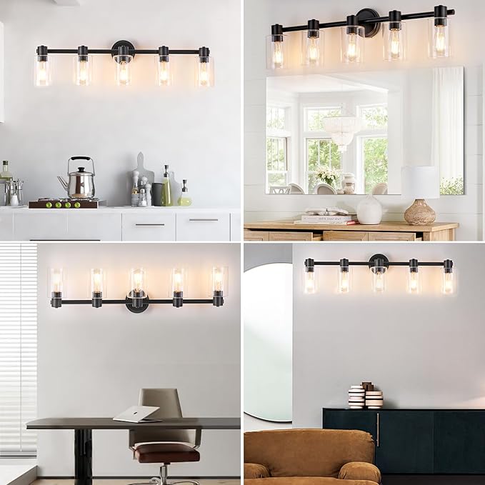 5 Light Bathroom Wall Light Fixtures Black Bathroom Wall Sconce with Clear Glass Lights Over Mirror Vanity Lights E26 Base