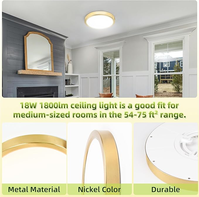 hykolity 9 Inch Selectable CCT LED Round Flat Panel Light, 18W 1800LM 3000K/4000K/5000K, Edge-Lit Flush Mount Ceiling Light Fixture for Kitchen, Bedroom, Laundry and Closet Room, Gold