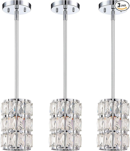 Modern Crystal Pendant Light 3-Pack Chrome Finish Pendant Lights Mini Crystal Chandelier Adjustable Hanging Ceiling Light Fixtures for Kitchen Island Dining Room Bedroom Entryway Hallway Bar
