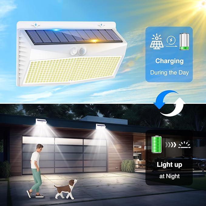 Peasur 1 Pack 368 LED Solar Lights Outdoor Motion Sensor, Solar Fence with 3 Lighting Modes, Powered Security Waterproof for Outside Yard Wall Garden,White
