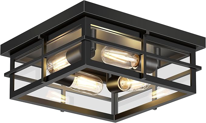 Asnxcju Black Flush Mount Ceiling Light, 4-Light Indoor Outdoor Light Fixtures for Porch with Clear Glass, 12 Inch Modern Close to Ceiling Lights for Bathroom, Covered Patio, Balcony, Foyer