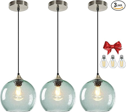 7.1in Medium Light Green Glass Pendant Light for Kitchen Island, 3-Pack with Extra LED Bulbs & 4.92ft Adjustable Cord | Modern Minimalist Lighting for Dining Room, Living Room, Entryway
