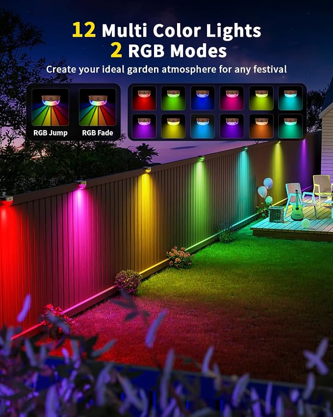 Solar Deck Lights Outdoor 16 Pack, 12 Color Changing Solar Powered Step Lighting with Remote, IP67 Waterproof Led RGB Colors Lamp for Outside Fence, Step, Stair Railing, Wall, Patio, Pool