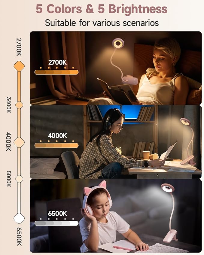 CUHIOY Rechargeable Clip on Reading Light for Bed, Battery Desk Lamp, 5 Color 5 Brightness & Touch Control Headboard Lamp, Large Clamp Lamp with Flexible Neck, Eye Protect LED Bedside Light, Pink