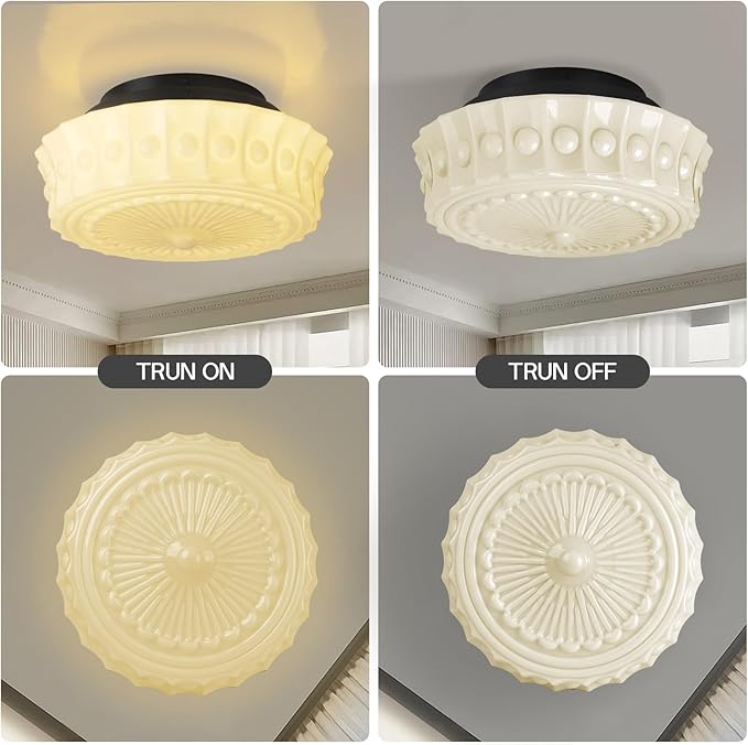 Schoolhouse Cream White Milk Glass Ceiling Light Fixture, 13.8" Vintage Scalloped Semi Flush Mount Lighting, Mid Century Ceiling Light for Bedroom Kitchen Hallway Entryway Living Room