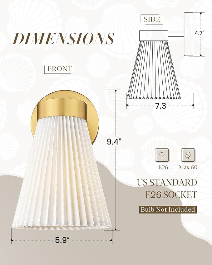 Set of 2 Wall Sconces, HWH Gold Bathroom Light Fixtures with Milk White Striped Fabric Shade, Up and Down Vanity Lights Fixture, Brushed Gold Finish, 5HZG97B-2PK BG-FB