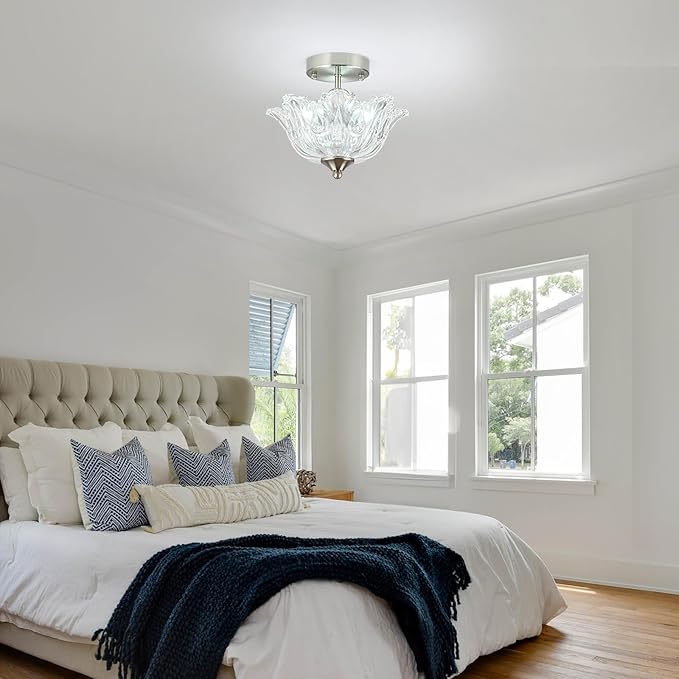 Semi Flush Mount Ceiling Light, Brushed Nickel Light fixtures with Floral Clear Glass Shade, Modern Close-to-Ceiling Lighting for Bedroom Kitchen Living Room Hallway