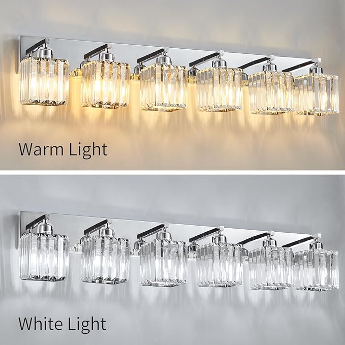 Modern Bathroom Vanity Light 6-Lights Modern Chrome Crystal Bathroom Wall Light Large Vanity Light Fixtures Over Mirror