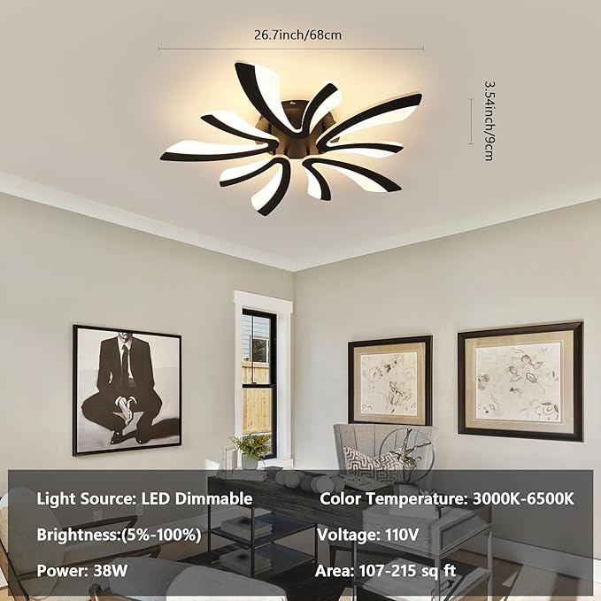 DELIPOP Modern Ceiling Light, 26.7'' Dimmable Black Acrylic V-Shaped LED Flush Mount Ceiling Light, 3000K-6500K with Remote Control for Living Room Bedroom Dining Room