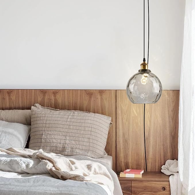 Hanging Lamp Smoke Gray Glass Pendant Light Plug in Hammered Glass Globe Pendant Lights Kitchen Island Plug in Ceiling Light with Cord Vintage Hanging Pendant Lamps for Living Room Bedroom