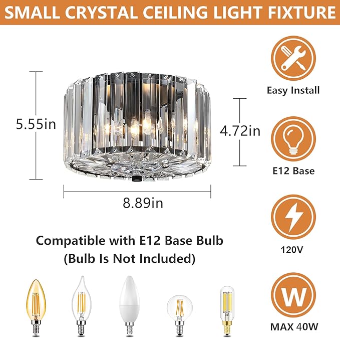 Small Crystal Ceiling Light, Modern Semi Flush Mount Ceiling Lighting Fixture, Black Small Chandelier Light Fixture, Entryway Light Fixture for Kitchen Hallway Bathroom, 2-Light, XDD007-1-BK