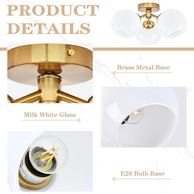 KoKo&Yukina 3-Light Mid Century Modern Gold Semi Flush Mount Ceiling Light Globe Sputnik Chandelier Fixture Milk Glass Globe Ceiling Lights for Bedroom Living Room Hallway Entryway Foyer